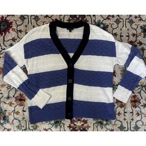 Talbots Cardigan S Cotton Linen Knit Beachy Coastal Preppy Button Up Blue/white
